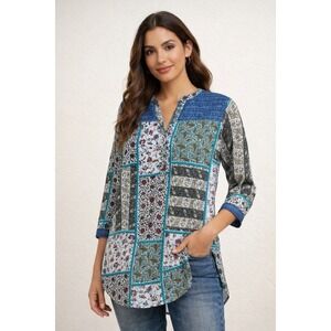 Zola Patchwork Boho Tunic Top Paisley Floral Lagenlook Artsy Blouse L